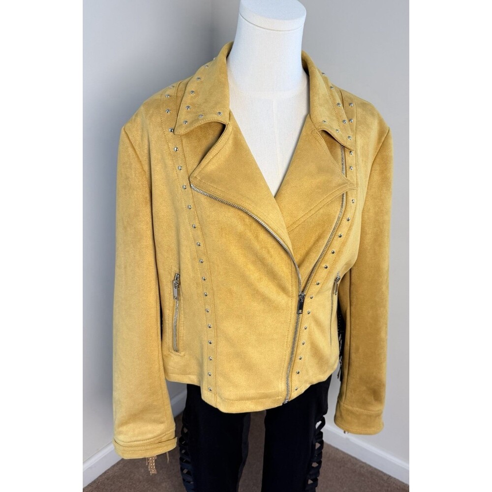 Luxe Moda Faux Suede Fringe Moto Jacket Mellow Yellow Studded Western Boho L
